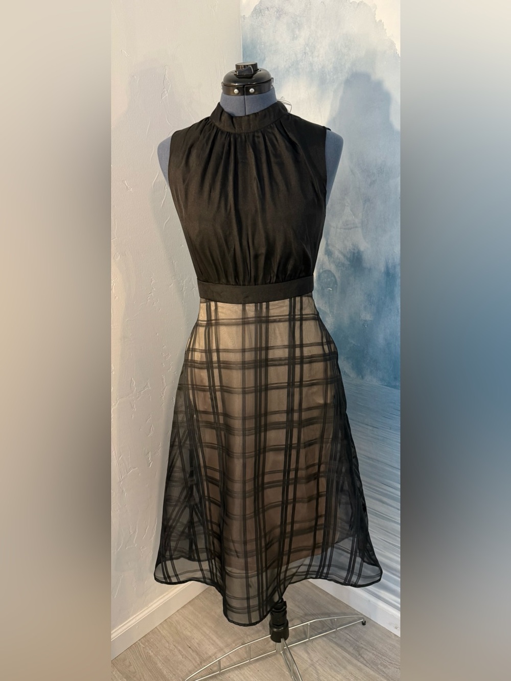 Black Sleeveless Maxi Dress with Sheer Plaid Skirt #381